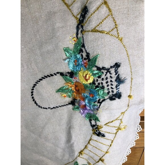 Vintage Table Center Piece Hand-Embroidered Linen Topper Floral Basket Lace Edge - Picture 12 of 14